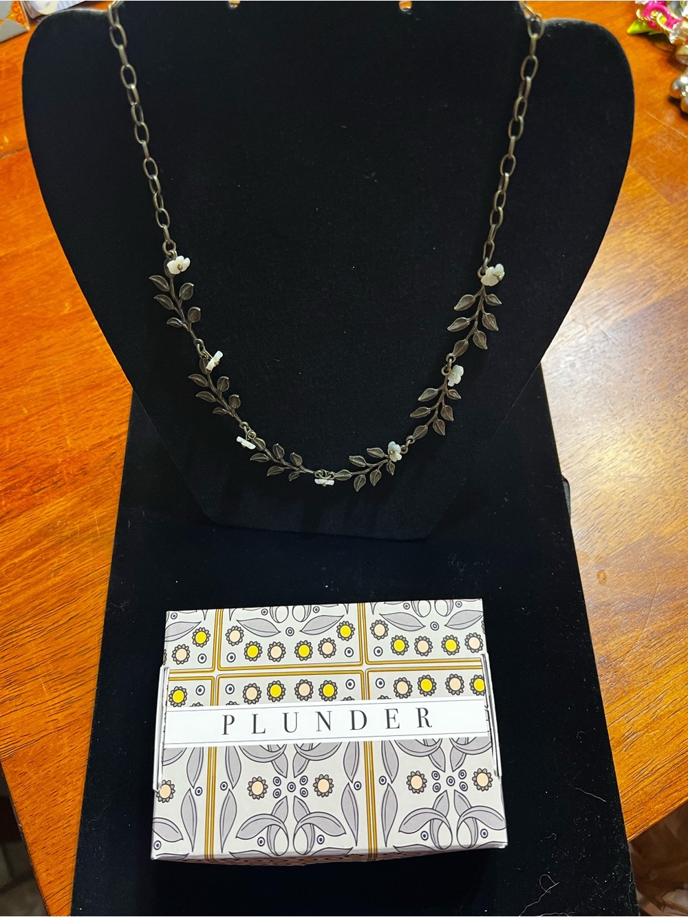 Plunder Antique Brass Leaf Necklace with Cream Flower Accents